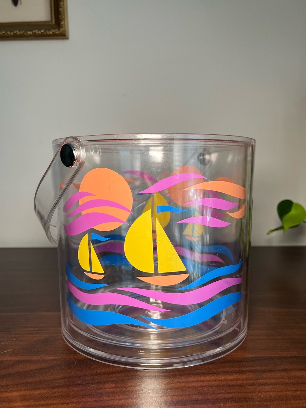 1986 Acrylic R. Johnson ice bucket Sailboat sun and colorful 80’s vintage vibe